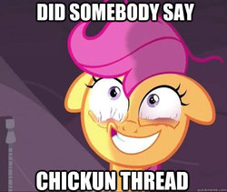 Size: 534x450 | Tagged: safe, scootaloo, chicken, g4, chickun, exploitable meme, female, image macro, meme, scared, solo