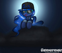 Size: 1400x1200 | Tagged: safe, artist:gamermac, princess luna, pony, g4, cap, clothes, cloud, female, full moon, hat, mare, moon, night, open mouth, snapback, solo, sunglasses, swag