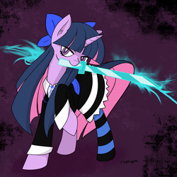 Size: 1000x1000 | Tagged: safe, artist:thattagen, twilight sparkle, pony, unicorn, g4, anarchy stocking, bow, clothes, cosplay, crossover, female, panty and stocking with garterbelt, socks, solo, stockinglight, stockings, striped socks, sword, thigh highs