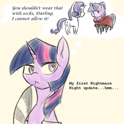 Size: 1000x1000 | Tagged: safe, artist:thattagen, rarity, twilight sparkle, pony, unicorn, g4, :<, clothes, costume, dialogue, nightmare night, pocky, pointy ponies, sekibanki, socks, sockypockytwi, striped socks, touhou, unicorn twilight