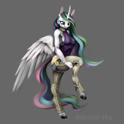 Size: 1280x1280 | Tagged: safe, artist:hiroshi-tea, princess celestia, anthro, unguligrade anthro, hoofbeat 2, g4, breasts, female, hoofbeat, hooves, sideboob, solo, standing