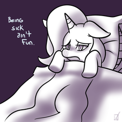 Size: 700x700 | Tagged: safe, artist:fauxsquared, trixie, pony, unicorn, trixie is magic, g4, bed, blanket, female, mare, monochrome, pillow, sick, solo, truth