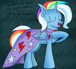 Size: 2200x2000 | Tagged: safe, artist:novaspark, rainbow dash, trixie, oc, alicorn, pony, g4, abstract background, alicorn oc, cape, clothes, female, fusion, lesbian, shipping, signature, solo, text, what has science done