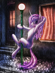 Size: 1716x2284 | Tagged: safe, artist:eltaile, fleur-de-lis, pony, unicorn, g4, concave belly, female, lamppost, mare, rain, singin' in the rain, slender, solo, thin, wet