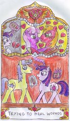 Size: 680x1173 | Tagged: safe, artist:chatsium, big macintosh, cheerilee, comet tail, twilight sparkle, earth pony, pony, g4, hearts and hooves day (episode), :o, boop, crying, eye contact, heartbreak, hearts and hooves day, love letters, magic, male, noseboop, nuzzling, ship:cheerimac, ship:cometlight, ship:twimac, shipping, smiling, stallion, straight, telekinesis