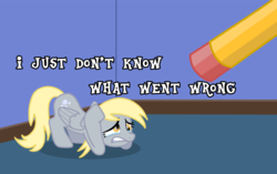 Size: 1024x645 | Tagged: safe, artist:19nonnahs93, derpy hooves, pegasus, pony, g4, crying, derpygate, eraser, face down ass up, female, grimderp, gritted teeth, i just don't know what went wrong, mare, pencil, scared, solo