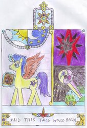 Size: 737x1083 | Tagged: safe, artist:chatsium, oc, oc only, alicorn, pony, book, moon, narrator, presenting, stars, sun, world