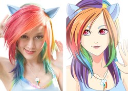 Size: 1256x900 | Tagged: safe, artist:margony, rainbow dash, human, g4, cosplay, eared humanization, humanized, irl, irl human, light skin, photo