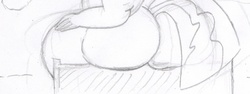 Size: 1280x482 | Tagged: safe, artist:zacharyisaacs, oc, oc only, oc:hot fudge, anthro, butt, fat, monochrome, obese, plot, sketch, solo