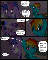 Size: 827x1025 | Tagged: safe, artist:metal-kitty, rainbow dash, twilight sparkle, pegasus, pony, unicorn, comic:mlp project, g4, bandage, butt, comic, female, mare, plot