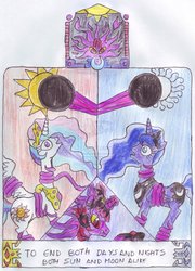 Size: 759x1053 | Tagged: safe, artist:chatsium, princess celestia, princess luna, twilight sparkle, oc, g4, betrayal, corrupted, dark magic, dimness void, eclipse, evil, magic, tentacles