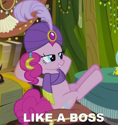 Size: 660x701 | Tagged: safe, edit, edited screencap, screencap, pinkie pie, earth pony, pony, g4, it's about time, season 2, caption, female, image macro, like a boss, madame pinkie, solo, turban