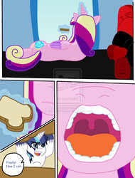 Size: 900x1185 | Tagged: safe, artist:kunoichipikachu, princess cadance, shining armor, alicorn, pony, g4, cadancepred, comic, female, fetish, good clean married vore, imminent vore, levitation, magic, mare, maw, micro, telekinesis