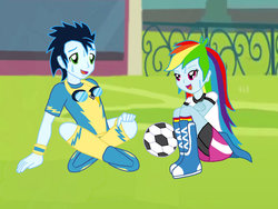 Size: 1024x768 | Tagged: safe, artist:ferrokiva, rainbow dash, soarin', equestria girls, g4, female, football, male, ship:soarindash, shipping, straight, sweat