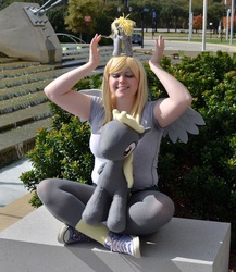 Size: 679x783 | Tagged: safe, artist:shiverbug, derpy hooves, human, g4, cosplay, irl, irl human, outdoors, photo, plushie, solo