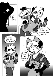 Size: 507x716 | Tagged: safe, artist:j3t, applejack, panda, g4, apron, clothes, comic, cosplay, furry, gif, monochrome, non-animated gif, reference