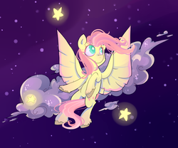 Size: 1420x1182 | Tagged: safe, artist:foxda, fluttershy, pegasus, pony, g4, cloud, colored pupils, female, flying, glowing, night, night sky, sky, smiling, solo, starry eyes, stars, unshorn fetlocks, wingding eyes