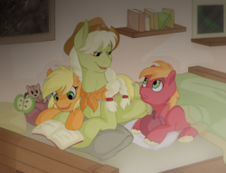 Size: 3430x2617 | Tagged: safe, artist:llacky, applejack, big macintosh, granny smith, earth pony, pony, squirrel, g4, bed, bedroom, book, colt, cowboy hat, filly, hat, heartwarming, male, origins, reading, stallion, stetson, younger