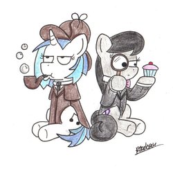Size: 905x882 | Tagged: safe, artist:bobthedalek, dj pon-3, octavia melody, vinyl scratch, earth pony, pony, unicorn, g4, bubble, bubble pipe, clothes, crossover, cupcake, deerstalker, detective, duo, female, hat, magnifying glass, pipe, sherlock holmes