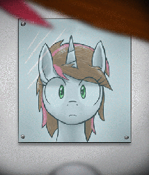 Size: 347x404 | Tagged: source needed, useless source url, safe, artist:paper-pony, oc, oc only, oc:rosy stripes, pony, unicorn, fanfic:first pony view, animated, blinking, cute, fanfic, fanfic art, female, frown, human to pony, looking at you, mare, mirror, post-transformation, pov, rule 63, solo, transformation, transgender transformation, wide eyes
