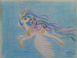 Size: 1032x774 | Tagged: safe, artist:brab777, princess celestia, twilight sparkle, g4, filly, filly twilight sparkle, ponies riding ponies, riding, traditional art, twilight riding celestia