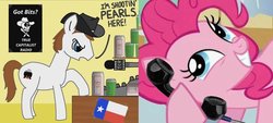 Size: 680x308 | Tagged: safe, pinkie pie, g4, cans, flag, microphone, phone, ponified, poster, prank call, speech bubble, the man they call ghost, true capitalist radio