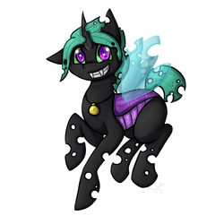Size: 600x600 | Tagged: safe, artist:sinsays, oc, oc only, changeling, angelgrace, changeling oc, collar, commission, cute, fangs, female, garnet, grin, hypnosis, hypnotized, looking at you, mare, necklace, purple changeling, raised hoof, smiling, solo, spiral, swirly eyes
