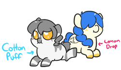 Size: 921x529 | Tagged: safe, artist:mt, oc, oc only, oc:cotton puff, oc:lemon drop, pegasus, pony, zebra, foal, offspring, parent:oc:lemonpuffs, parent:oc:minituffs, parents:oc x oc