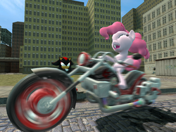 Size: 1024x768 | Tagged: dead source, safe, artist:akaidalia, pinkie pie, g4, 3d, crossover, gmod, male, motorcycle, shadow the hedgehog, sonic the hedgehog (series), this will end in tears and/or death