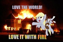 Size: 500x338 | Tagged: safe, derpy hooves, pegasus, pony, g4, arson, cute, female, fire, flying, funny, grimcute, heart, house, irl, kill it with fire, letter, love, lowres, mailbag, mare, open mouth, photo, saddle bag, smiling, spread wings, wings