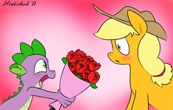 Size: 1010x648 | Tagged: safe, artist:strebiskunk, applejack, spike, dragon, earth pony, pony, g4, blushing, bouquet, dots, duo, female, flower, heart, interspecies, male, mare, pink background, rose, ship:applespike, shipping, simple background, straight