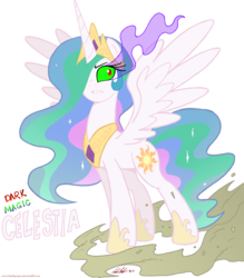 Size: 5031x5750 | Tagged: safe, artist:redapropos, princess celestia, alicorn, pony, g4, absurd resolution, clothes, dark magic, female, jewelry, magic, mare, mud, peytral, shoes, simple background, solo, sombra eyes, spread wings, tiara, transparent background, wings