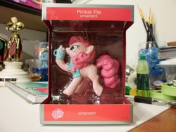 Size: 4608x3456 | Tagged: safe, pinkie pie, rainbow dash, g4, christmas, clothes, cup, cupcake keepsakes, drink, figure, funko, gilgamesh, hallmark, hearth's warming eve, irl, logo, merchandise, mug, ornament, photo, scarf, toy