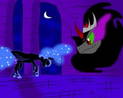 Size: 1024x819 | Tagged: safe, artist:chchcartoons, king sombra, nightmare moon, alicorn, pony, umbrum, g4, eyes closed, female, looking down, male, moon, night, shipping, sombramoon, straight