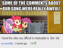 Size: 1366x1056 | Tagged: safe, apple bloom, scootaloo, sweetie belle, equestria girls, g4, awful youtube comments, comments, cutie mark crusaders, exploitable meme, meme, youtube