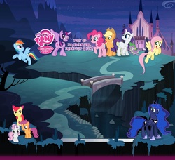 Size: 1600x1462 | Tagged: safe, apple bloom, applejack, fluttershy, pinkie pie, princess luna, rainbow dash, rarity, scootaloo, spike, sweetie belle, twilight sparkle, alicorn, earth pony, pegasus, pony, unicorn, g4, official, season 4, cardboard twilight, castle, cutie mark crusaders, female, filly, foal, horn, hubworld, mane seven, mane six, mare, my little pony logo, stock vector, twilight sparkle (alicorn)