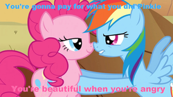 Size: 1022x575 | Tagged: safe, pinkie pie, rainbow dash, g4, blue text, caption, female, lesbian, pink text, ship:pinkiedash, shipping