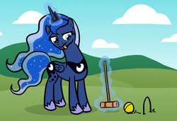 Size: 850x580 | Tagged: safe, artist:lightbulb, princess luna, g4, croquet, croquet mallet, female, magic, playing, solo, sports, tongue out