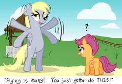Size: 850x587 | Tagged: safe, artist:lightbulb, derpy hooves, scootaloo, pegasus, pony, g4, bipedal, derpy being derpy, duo, ear flick, female, fence, filly, flapping, flying lesson, foal, mare, question mark, scootaloo can't fly