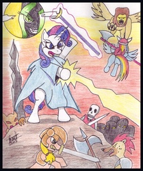 Size: 570x683 | Tagged: safe, artist:rdk, applejack, queen chrysalis, rainbow dash, rarity, g4, axe, bipedal, dungeons and dragons, fight, hoof hold, magic, mouth hold, sword, traditional art