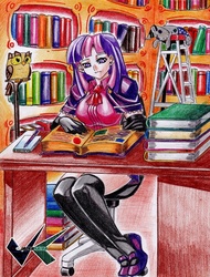 Size: 531x700 | Tagged: safe, artist:jadenkaiba, owlowiscious, smarty pants, twilight sparkle, bird, human, owl, g4, book, clothes, desk, duo, duo male and female, evening gloves, female, golden oaks library, humanized, ladder, library, light skin, male, notebook, pen, stockings, thigh highs, thigh socks, traditional art