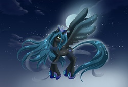 Size: 2642x1806 | Tagged: safe, artist:chargoz, queen chrysalis, alicorn, pony, g4, beautiful, dat mane, female, moon, ponified, princess, solo, sparkles