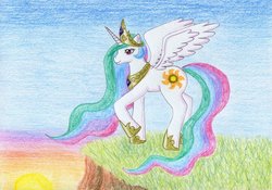 Size: 1024x716 | Tagged: safe, artist:normaleeinsane, princess celestia, alicorn, pony, g4, female, smiling, solo, traditional art