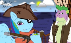 Size: 1200x740 | Tagged: safe, artist:secretagentspike, rainbow dash, spike, anthro, g4, beefspike, eyepatch, hilarious in hindsight, older, older spike, pirate, pirate dash, pirates of the caribbean, secret agent spike