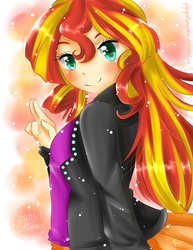 Size: 2975x3850 | Tagged: safe, artist:monicherrie, sunset shimmer, human, equestria girls, g4, adventure in the comments, anime battle thread, cute, female, heart eyes, humanized, light skin, shimmerbetes, smiling, solo, sparkles, when she smiles, wingding eyes
