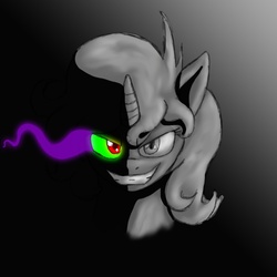 Size: 800x800 | Tagged: safe, artist:artybeat, king sombra, oc, oc only, pony, unicorn, antagonist, black and white, bust, dark, dark magic, female, magic, mare, monochrome, neo noir, partial color, penny blood, portrait, smiling, solo, sombra eyes