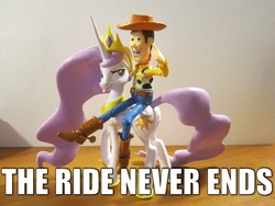 Size: 980x735 | Tagged: safe, princess celestia, princess molestia, bedroom eyes, caption, hentai woody, humans riding ponies, irl, open mouth, photo, pointing, riding, smiling, smirk, standing, the ride never ends, tongue out, toy, woody