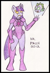 Size: 470x693 | Tagged: safe, artist:drpain, spike, twilight sparkle, anthro, g4, clothes, costume, crossover, iron man, iron mare, jarvis, marvel, parody, superhero, traditional art