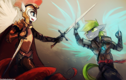 Size: 1024x651 | Tagged: safe, artist:foxinshadow, oc, oc only, anthro, armor, fight, magic, sword