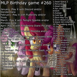 Size: 2000x2000 | Tagged: safe, apple bloom, applejack, cloudchaser, derpy hooves, dinky hooves, discord, dj pon-3, flitter, fluttershy, octavia melody, pinkie pie, princess luna, queen chrysalis, rainbow dash, rarity, scootaloo, spitfire, sunset shimmer, sweetie belle, trixie, twilight sparkle, vinyl scratch, pegasus, pony, princess molestia, g4, birthday game, cutie mark crusaders, exploitable meme, female, filly, foal, mane six, mare, meme, pinkamena diane pie, slendermane, slenderpony, video game